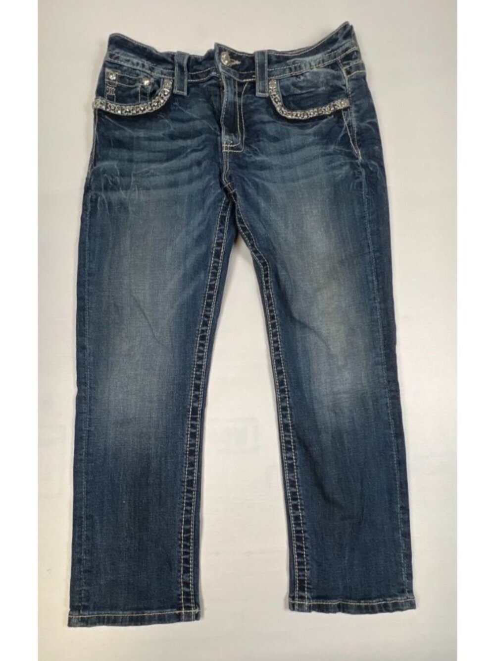Miss Me Boyfriend Capri Jeans Women 28 Blue Distressed Embellished Rhinestone